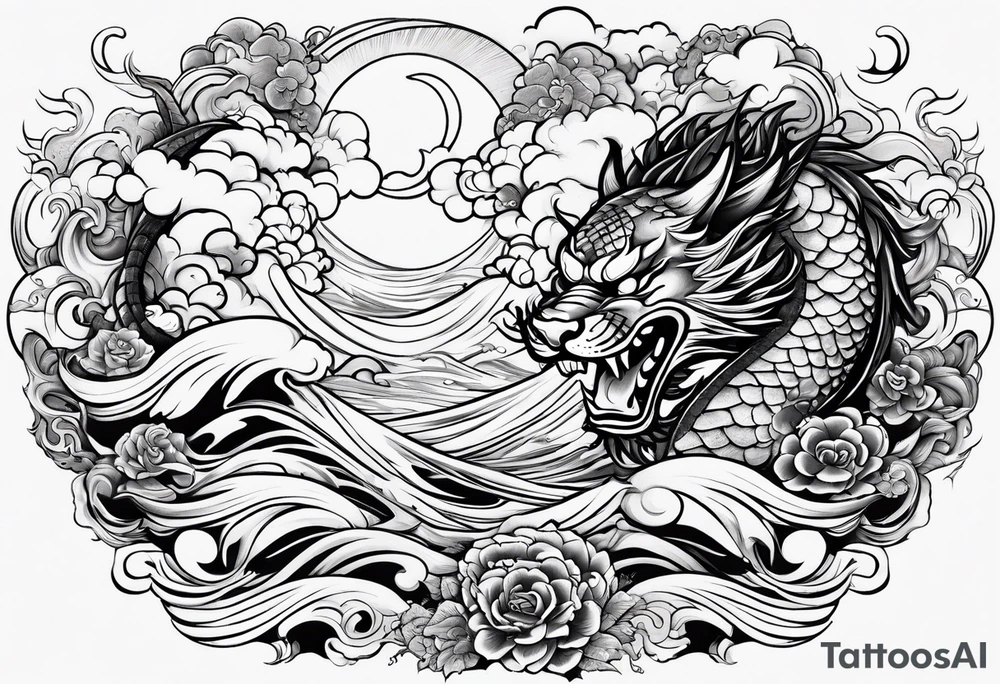 A strip with a dragon, a samurai, an oni and a tiger with waves bellow and clouds above with the sun and the moon tattoo idea