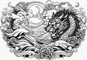 A strip with a dragon, a samurai, an oni and a tiger with waves bellow and clouds above with the sun and the moon tattoo idea