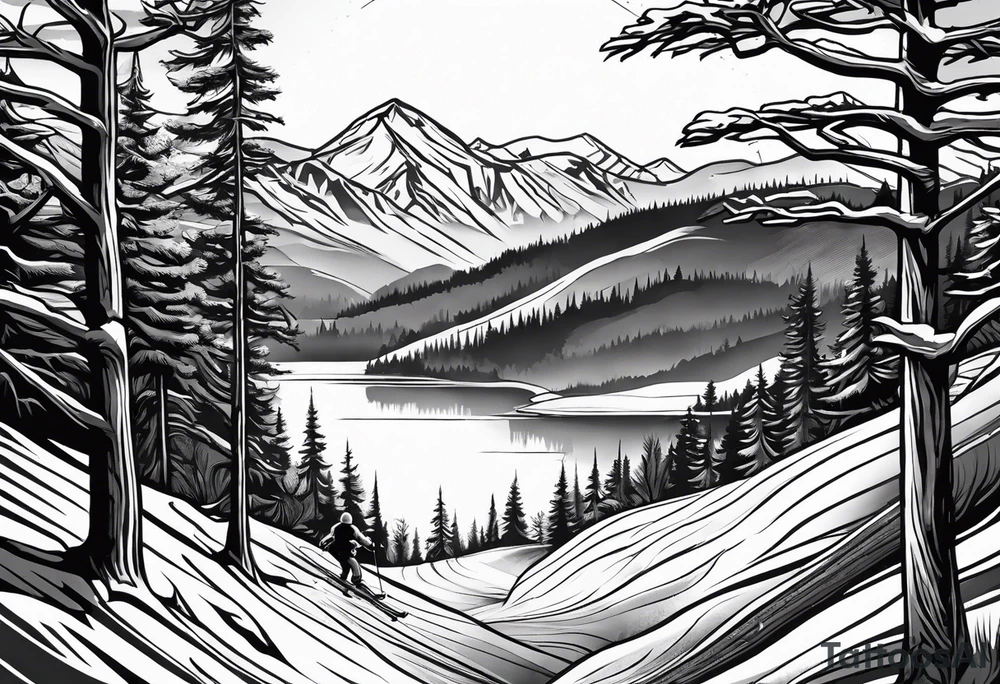 snow skier in distance coming down mountain with large trees and bi bright sun with lake at the bottom tattoo idea