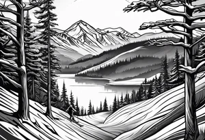 snow skier in distance coming down mountain with large trees and bi bright sun with lake at the bottom tattoo idea