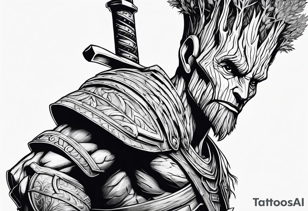 Groot greek warrior, half viewed with sword, knight, buildings are behind tattoo idea