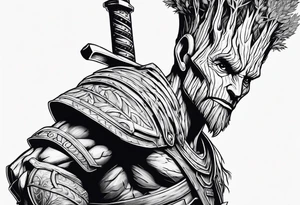 Groot greek warrior, half viewed with sword, knight, buildings are behind tattoo idea