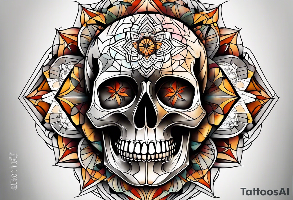 knee tattoo with sacred geometry, skull, swirls & washes in background in fall colors tattoo idea