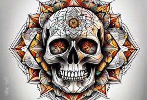 knee tattoo with sacred geometry, skull, swirls & washes in background in fall colors tattoo idea