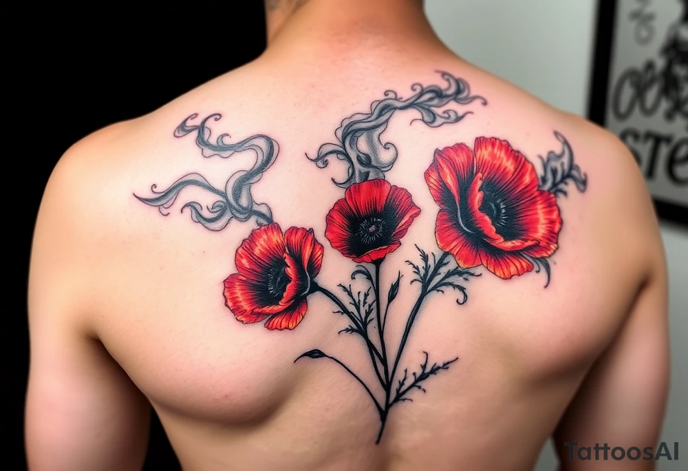 Big army inspired loss of friends 2 red poppy’s, and smoke tattoo idea