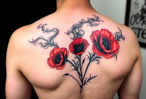 Big army inspired loss of friends 2 red poppy’s, and smoke tattoo idea