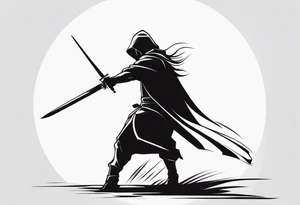 black figure with sword and blind fold ready to attack tattoo idea