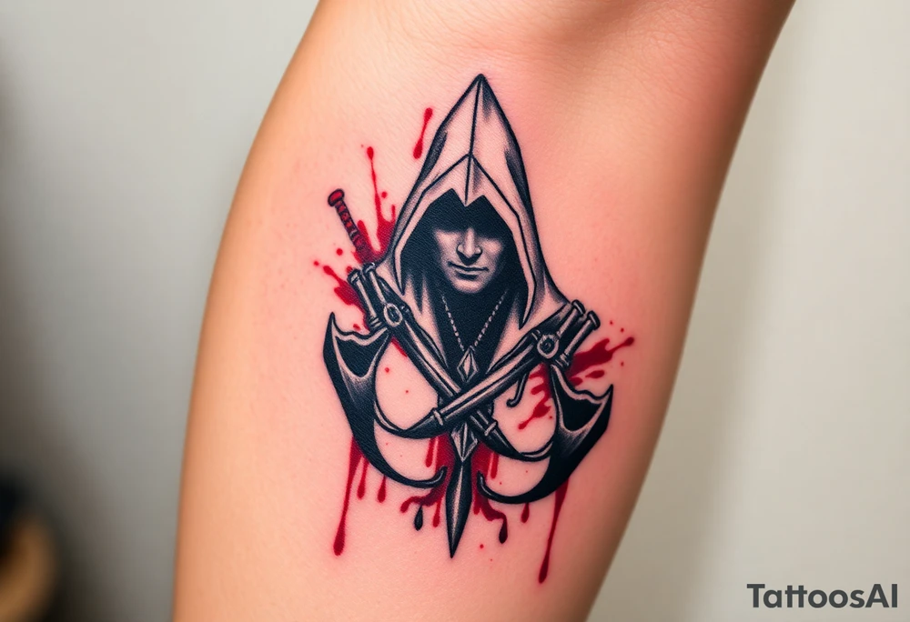 Assassins Creed emblem with Ezio hooded character with blood splashes and weapons tattoo idea