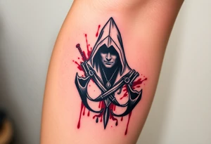 Assassins Creed emblem with Ezio hooded character with blood splashes and weapons tattoo idea
