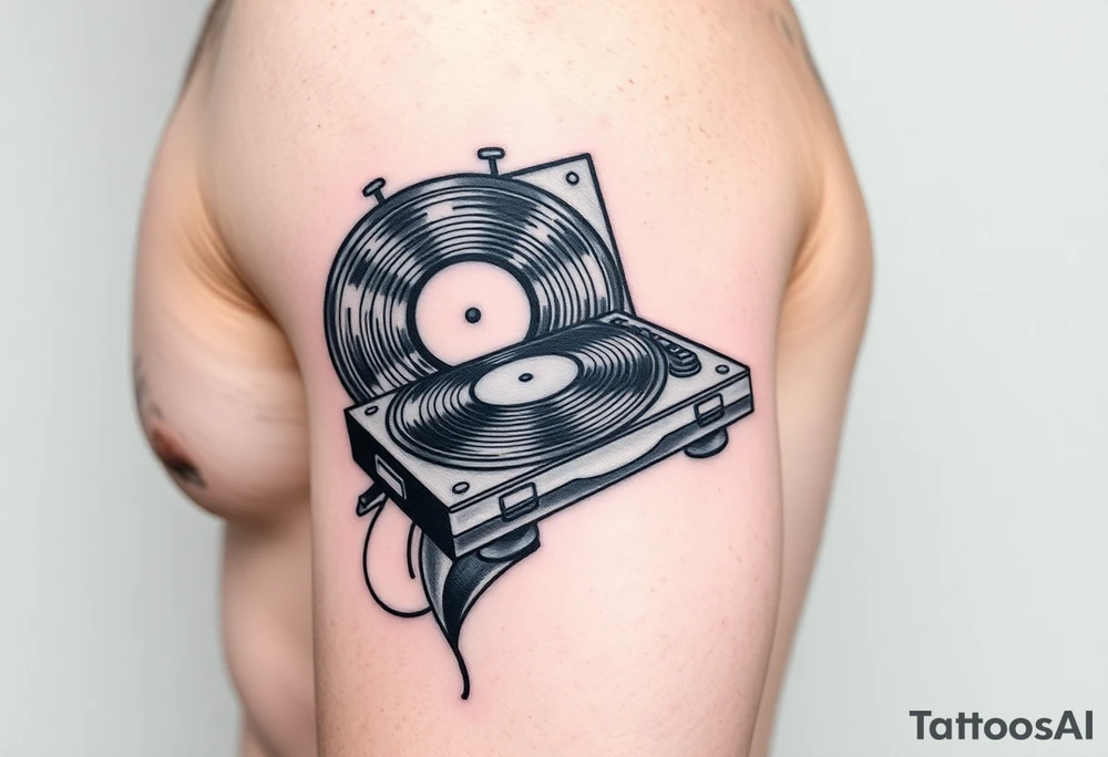 vinyl records and vinyl record player as an expression of love for house music tattoo idea