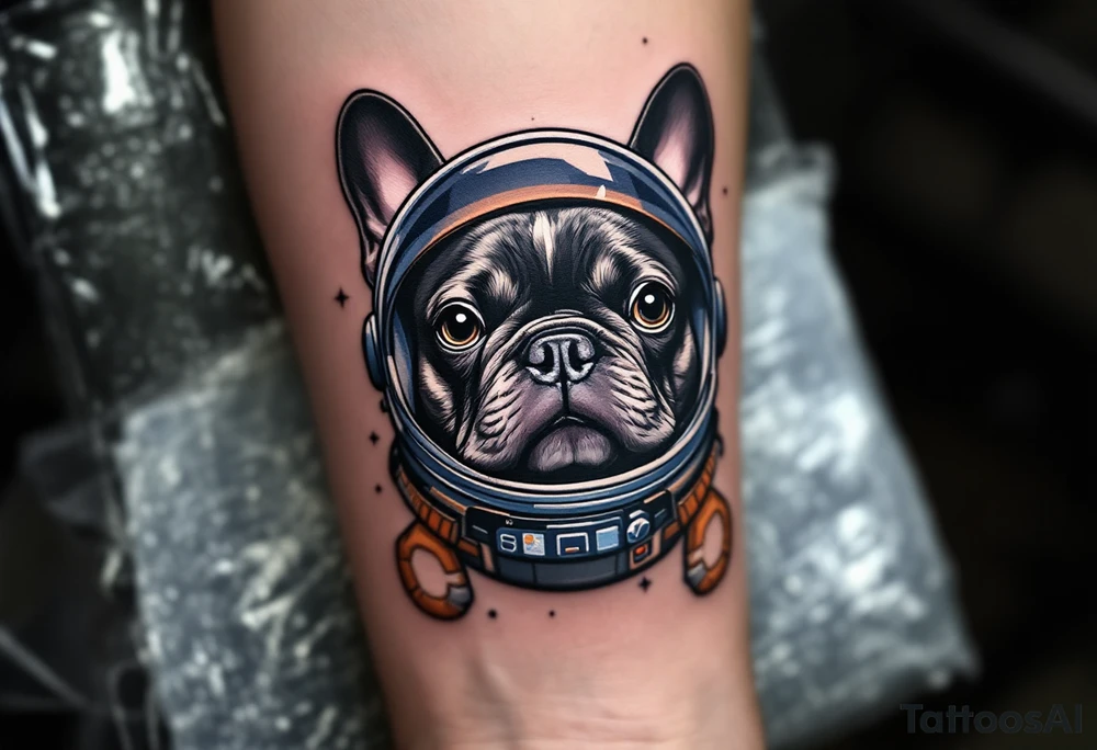 French Bulldog in astronaut gear, floating in space with navy and gray tones; the dog has brindle fur and big curious eyes. tattoo idea