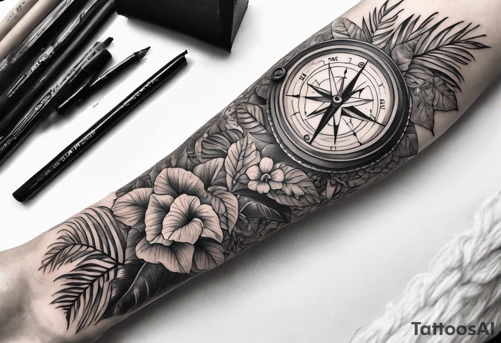 sleeve tattoo with jungle plants, eye compass tattoo idea