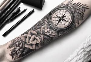 sleeve tattoo with jungle plants, eye compass tattoo idea