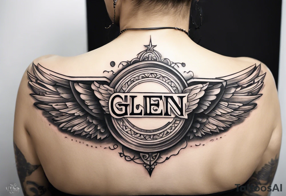 A simple tattoo with the word Glenn on a banner with angel Wings tattoo idea
