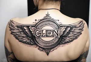 A simple tattoo with the word Glenn on a banner with angel Wings tattoo idea