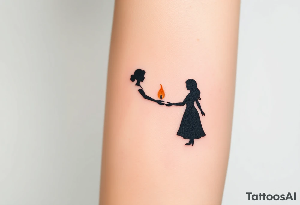 Silhouette of grandmother, mother and daughter passing a flame from oldest to youngest with the flame growing as it goes. tattoo idea