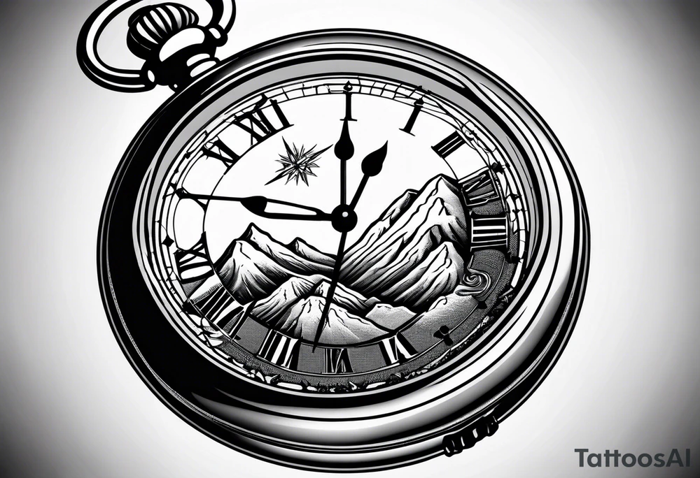 Pocket watch with mountains tattoo idea