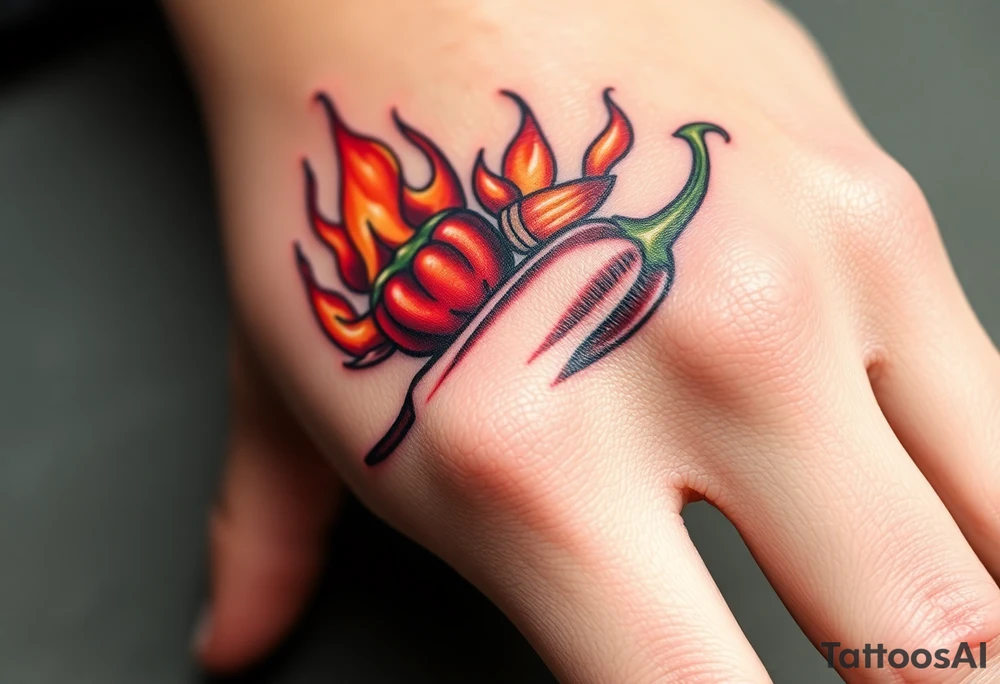 Chili pepper with flames and raining bullets tattoo idea