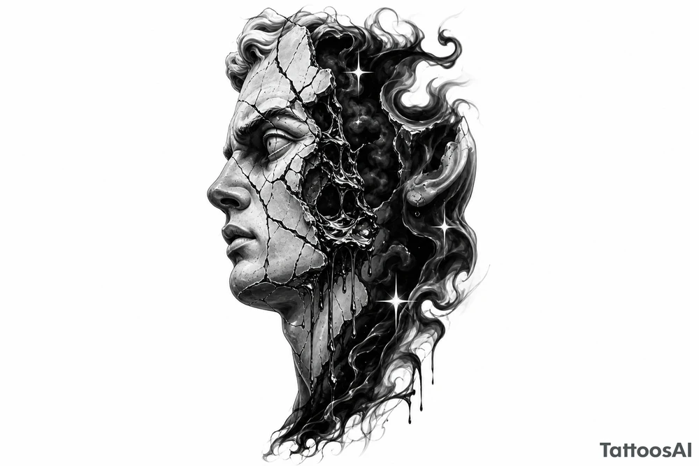 Black and grey tattoo design of a broken marble statue face split down the middle, side view profile, realistic shattered porcelain effect, dark wispy smoke and liquid pouring out of the cracks, Chicano tattoo shading, heavy blackwork background, sharp 4-point sparkle stars, high contrast, clean white background, detailed tattoo stencil style on side neck tattoo idea