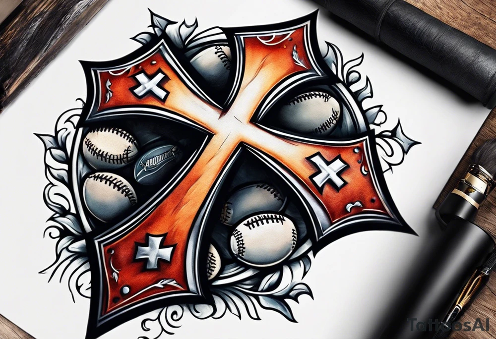 cross made out of football leather with stitches tattoo idea