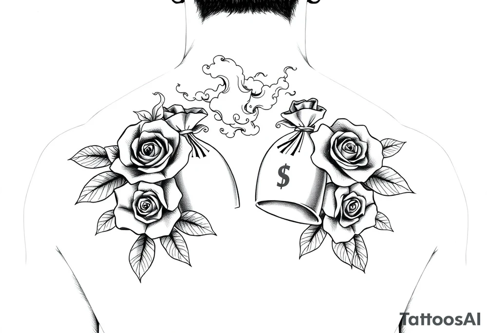 money bags, roses, cloud smoke, dollar bills tattoo idea