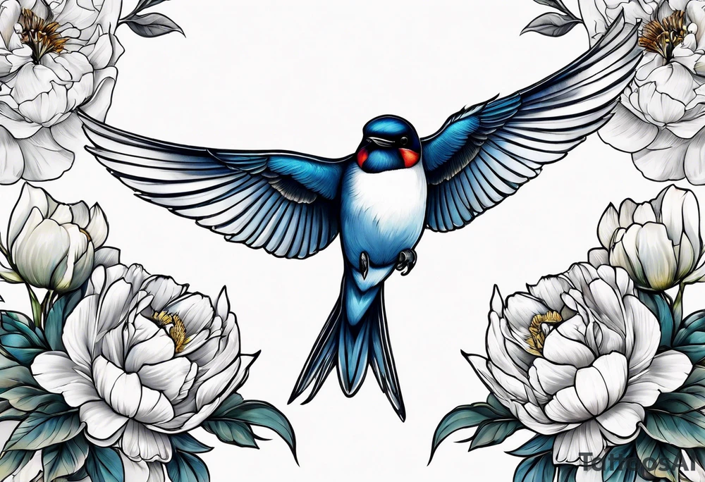 Two swallows in flight with peonies tattoo idea