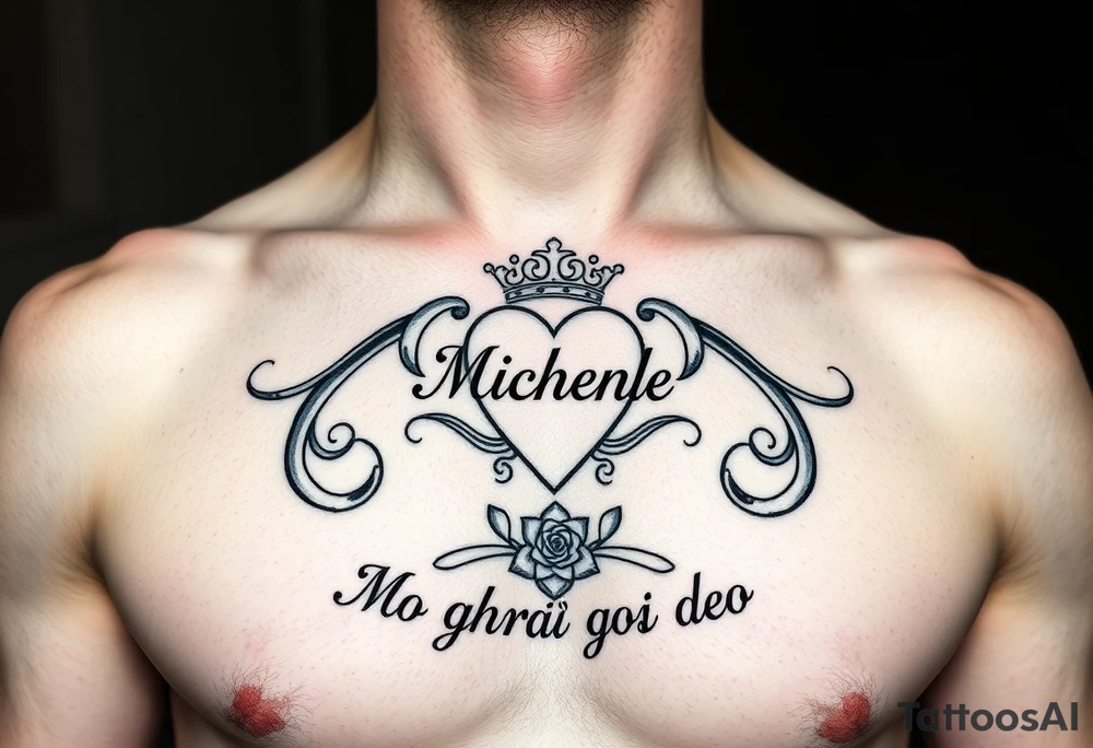 Claddagh places on a man’s chest. Name Michelle placed between the heart and the crown. Irish rose and Celtic knot incorporated into the design. Mo ghrá go deo written at the very bottom. tattoo idea