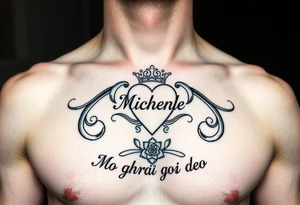 Claddagh places on a man’s chest. Name Michelle placed between the heart and the crown. Irish rose and Celtic knot incorporated into the design. Mo ghrá go deo written at the very bottom. tattoo idea