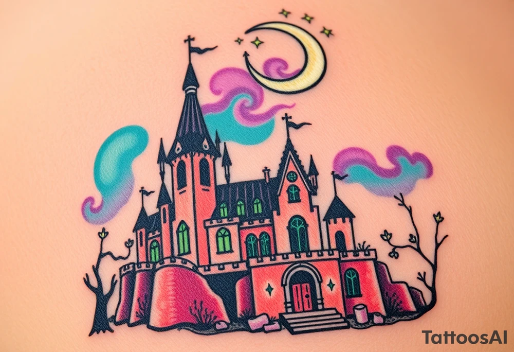 Tim Burton’s disney sleeping beauty’s haunted castle is abandoned and dripping with muted reds, dusty pinks, and eerie green glow.purple and cyan smokey clouds swirl in the crescent moonlit sky thats sprinkled with stars tattoo idea tattoo idea