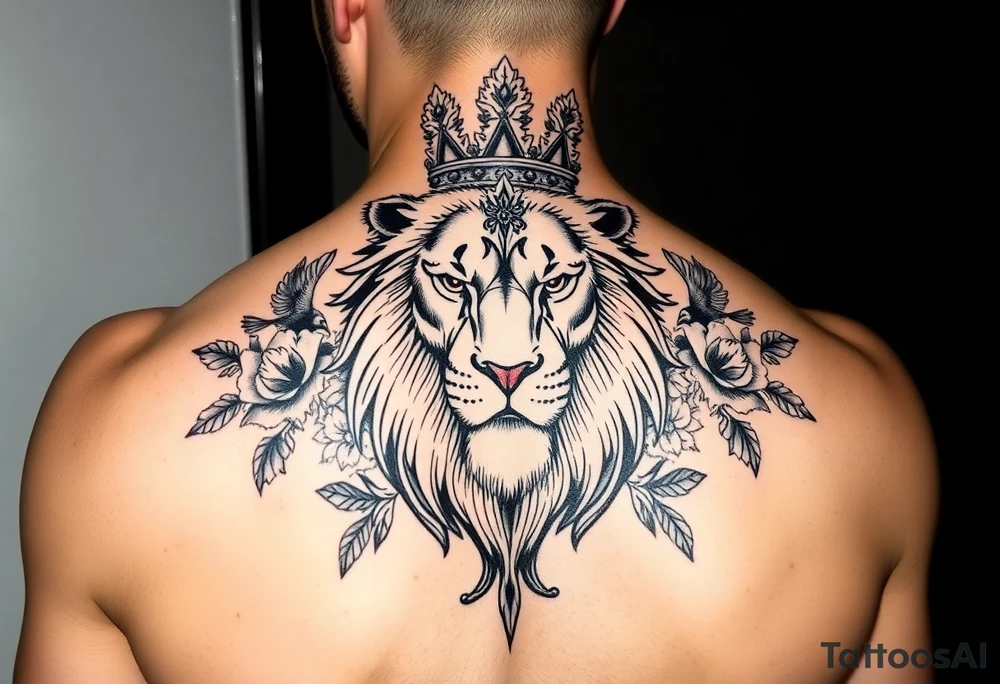powerful majestic lion with a crown, surrounded by floral ornaments and birds tattoo idea