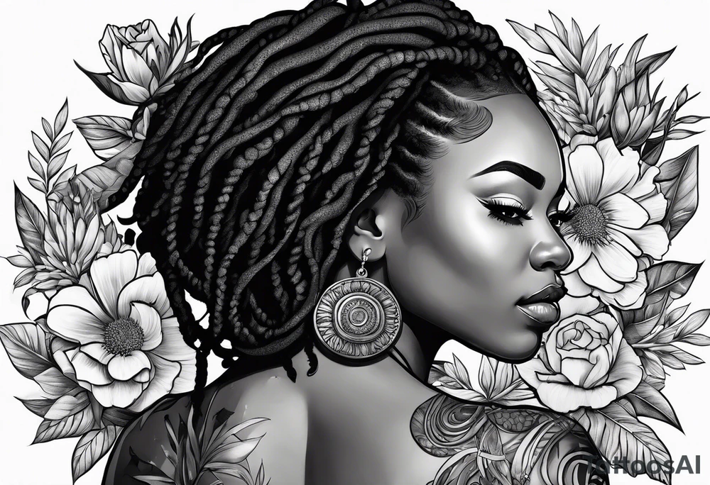 Black woman with locs and flowers tattoo idea