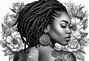 Black woman with locs and flowers tattoo idea