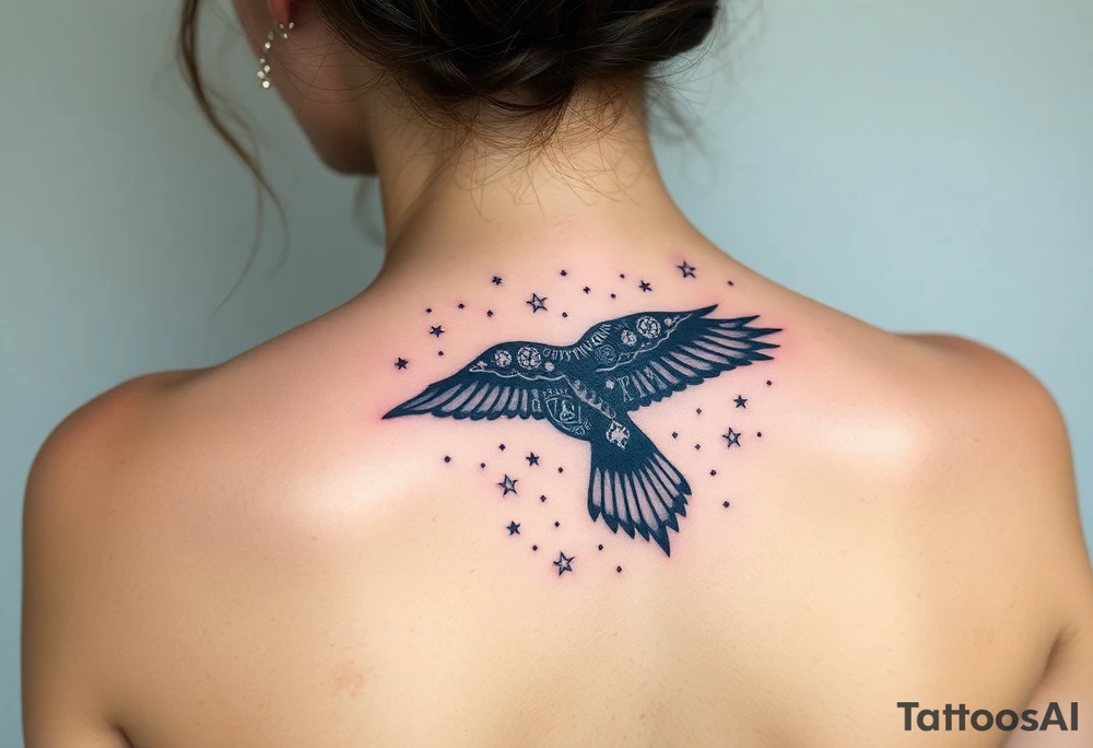 Raven with starry sky background with zodiac constellations in it with runes in sky tattoo idea