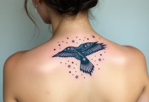 Raven with starry sky background with zodiac constellations in it with runes in sky tattoo idea