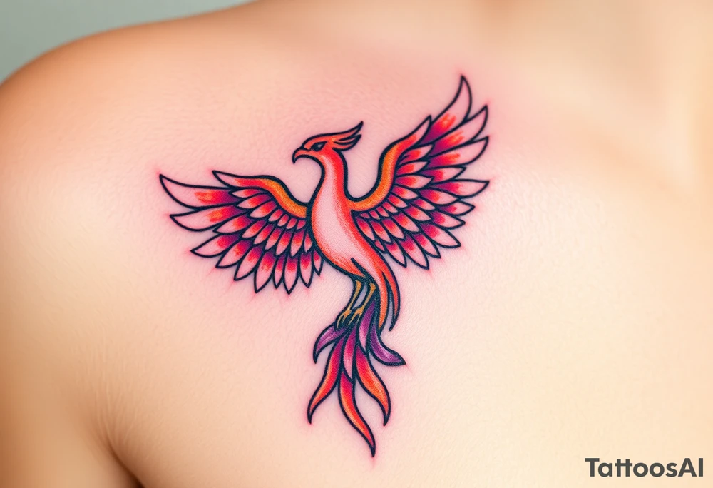 Square, phoenix rising from fire with both wings opened, colors red, pink, orange and purple. tattoo idea