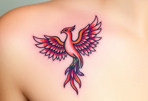 Square, phoenix rising from fire with both wings opened, colors red, pink, orange and purple. tattoo idea
