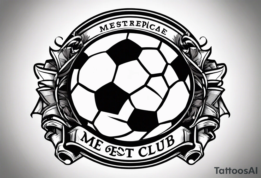 MÉS QUE UN CLUB text with soccer ball and a cross christian theme simple forearm tattoo idea