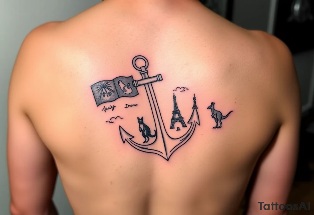 Tattoo for Female on ribs that has anchor, travel, items from each country traveled to:
Australia - kangaroo/koala 
New Zealand
United Kingdom- Big Ben 
Ireland - cliffs of mohr 
France- Eiffel tower 
Kenya - tree
Brazil - amazon
Aruba - beach 
Curacao - beach 
Jamaica - beach 
Mexico
Puerto Rico
St. Thomas
Bahamas
St. Martin
Italy - wine 
Canada - banff 
Spain - basilica 
Portugal - naticionel de Peña 
Azore islands - flowers 
Thailand- elephant 
Iceland tattoo idea