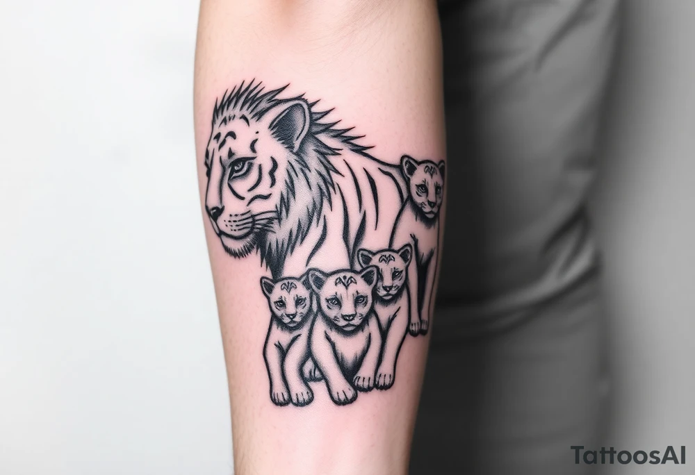 Tribal half male lion half 3 female cubs tattoo idea