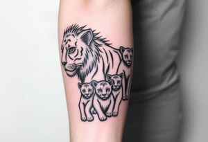 Tribal half male lion half 3 female cubs tattoo idea