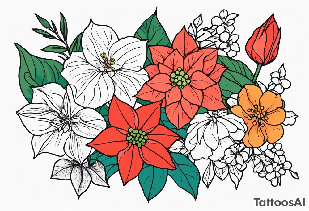 Hydrangea, Narcissus, Poinsettia, Holly, Gladiolus, Poppy, Daisy, Sweet Pea floral tattoo idea