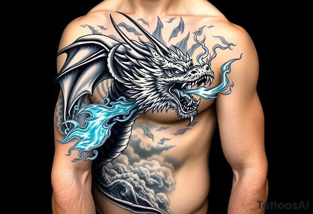 fierce dragon breathing iridescent fire against stormy skies tattoo idea