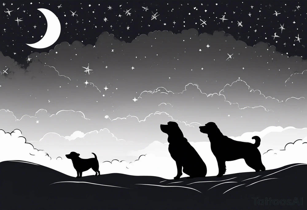 3 black silhouettes of dogs looking up at the night sky tattoo idea