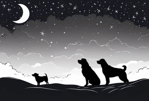 3 black silhouettes of dogs looking up at the night sky tattoo idea