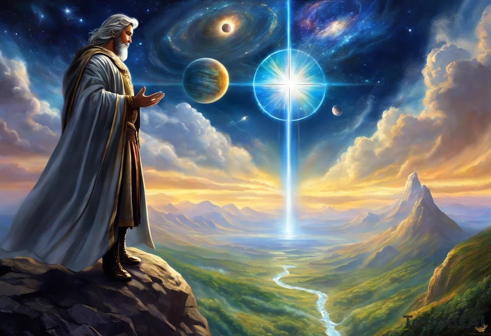 Jehovah looking out at the marvels of his creation from the atoms to the galaxy and celestial beings. With grey wash and a fantasy theme. Jehovah has to be a character who is so majestic, charismatic, immensely powerful. There isnt a single thing he isnt capable of doing. Infinitely powerful forward facing. Without the pagan styled attire and without the pagan symbols etceterashirtless, large muscular athletic physique, deep muscle definition tattoo idea