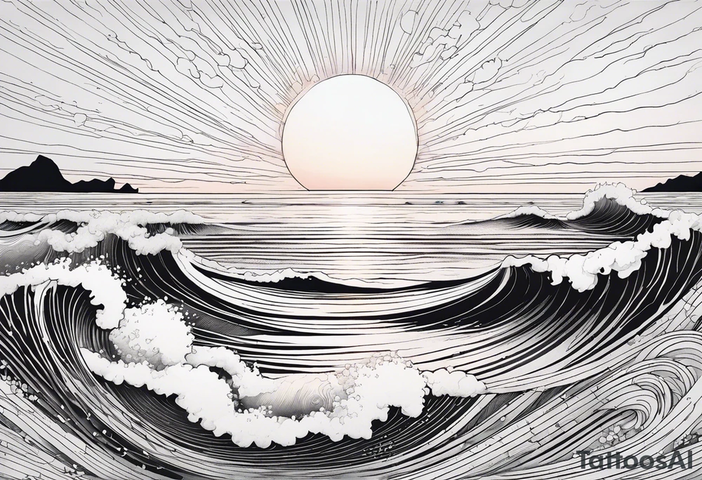 You're adding way too much. Please tone it back. Shy far away from japanese style. Fine line, minimal sunset. Only Ocean and sunset in the image. Very calm waters with barely any waves. tattoo idea