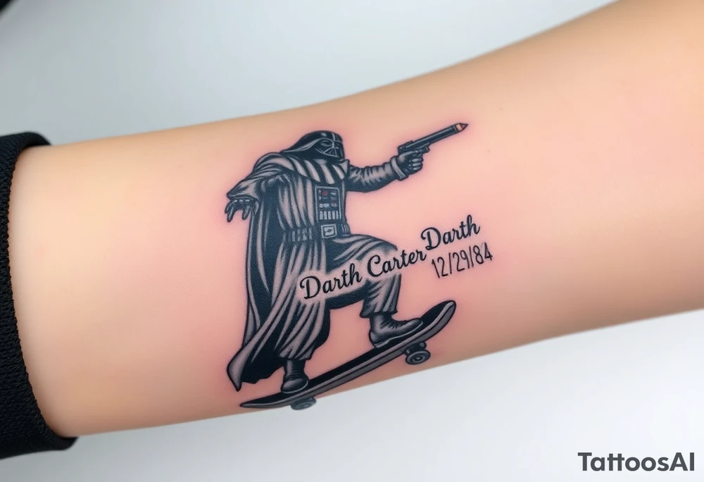 Darth Vader skateboarding holding 9mm beretta > bullets > memorial > god > colors > futuristic 
add name "Darth Carter" on skateboard
add date in loving memory 12/29/88-01/06/24 tattoo idea
