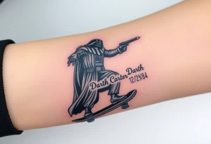 Darth Vader skateboarding holding 9mm beretta > bullets > memorial > god > colors > futuristic 
add name "Darth Carter" on skateboard
add date in loving memory 12/29/88-01/06/24 tattoo idea