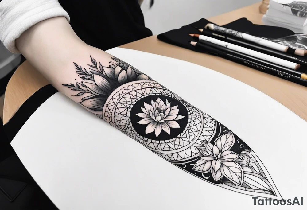 A forearm tattoo portraying darkness and light in a garden tattoo idea