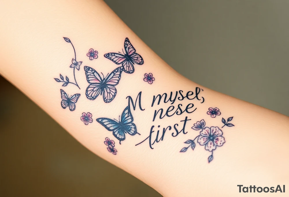 Love myself First with butterflies and flowers 
Letters L,M,N,O,P discreetly hidden among the foliage tattoo idea